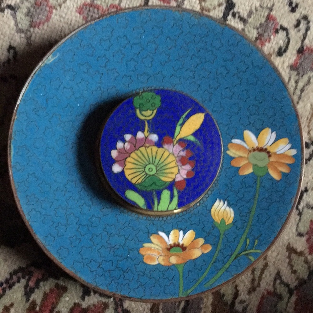 Vintage brass cloisonné ashtray with lid